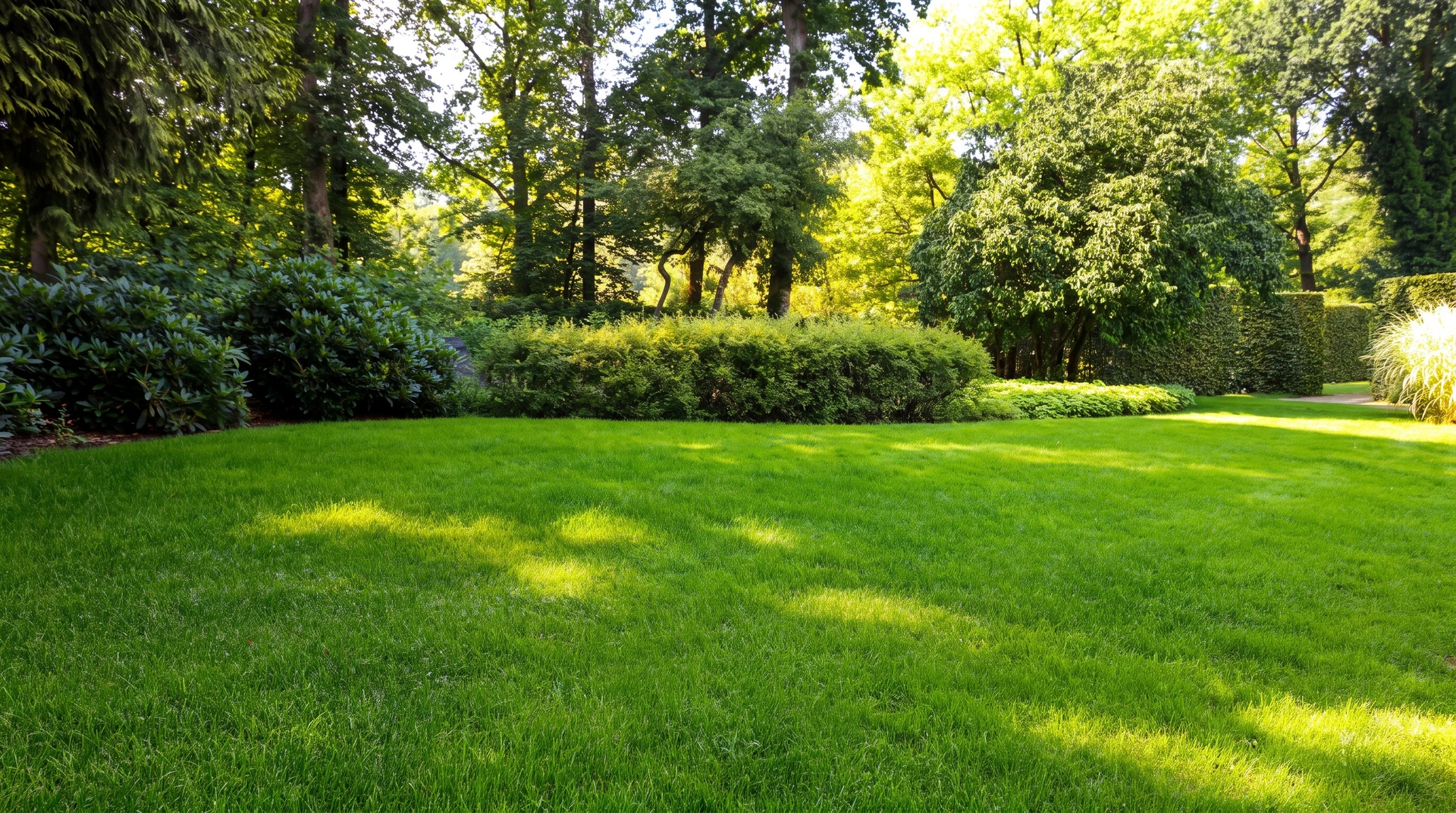 Photographie d'un jardin résidentiel magnifiquement aménagé et entretenu, montrant des massifs floraux bien structurés, une pelouse verdoyante impeccablement tondue, des arbustes taillés avec soin, et des allées paysagères bien définies. La scène capture l'harmonie et la beauté d'un espace extérieur professionnel sublimé, reflétant l'expertise en paysagisme et 15 ans d'expérience.